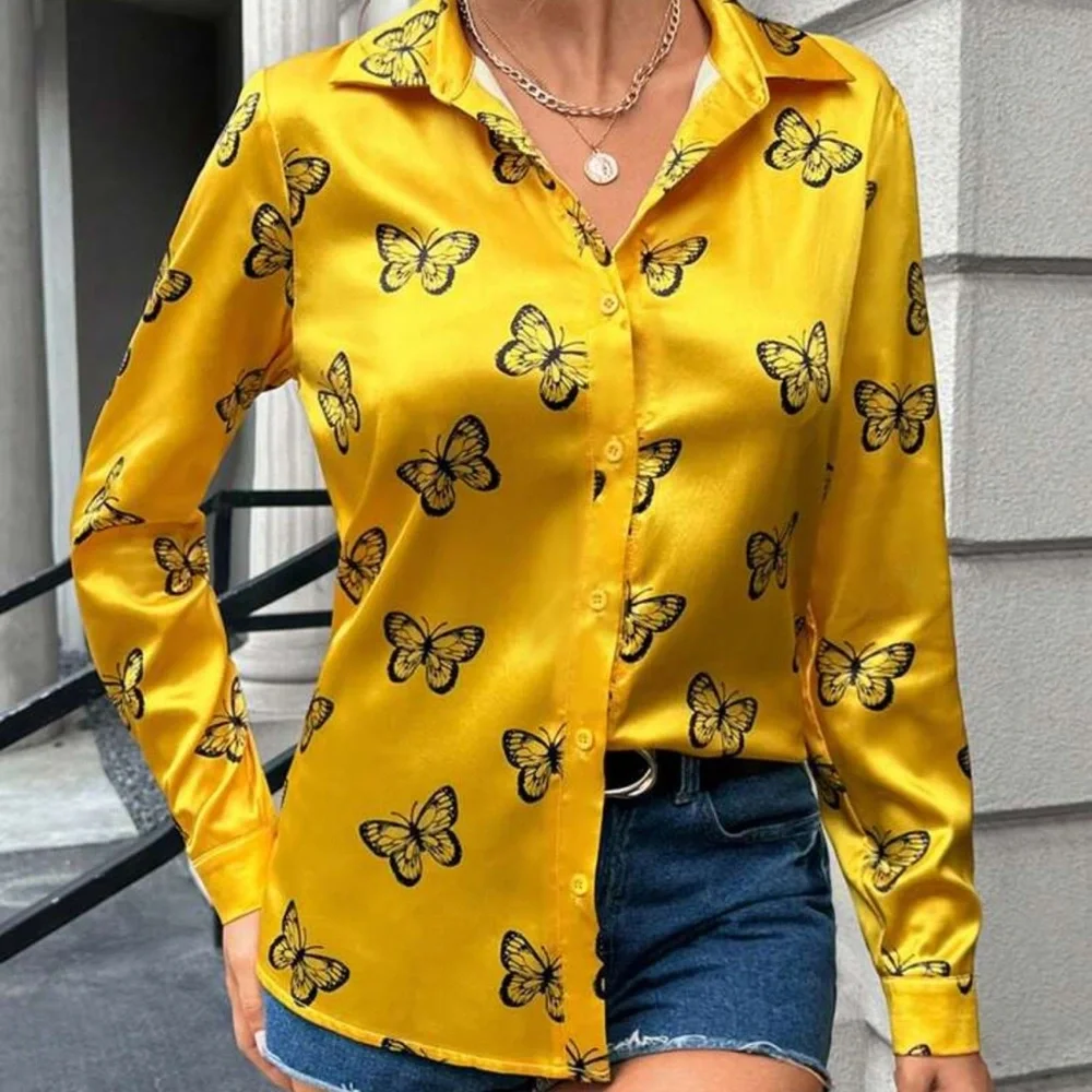 SHEIN Yellow Butterfly Print Blouse - Picture 3 of 3